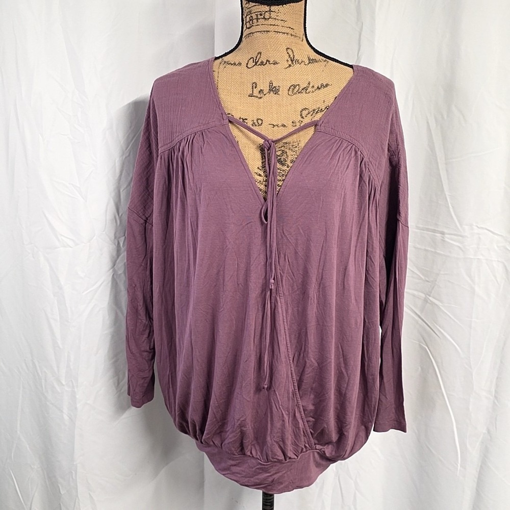 Wishlist Womens sz L Top Purple Faux Wrap Tie Neck Dolman Long Sleeve Flowy Boho
